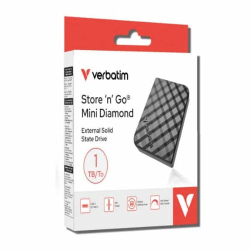Verbatim 32025 StoreânâGo Mini Diamond SSD USB-C 1TB, USB 3.2 Gen 2, 1000MB/s Read/Write, USB Flash Drive, External SSD