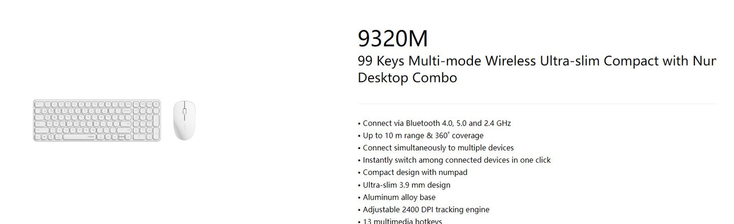 RAPOO 9320M Bluetooth 4.0, 5.0 + 2.4G  Wireless Multi-mode Keyboard Mouse Combo, Aluminum Base, 2400 DPI, 10M Range, Compact White Retail Pack
