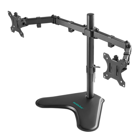 mbeatÂ® activiva Dual-Screen Articulating Monitor Arm with Free-Standing Desktop Base provides the perfect solution for ergonomic comfort and workspace