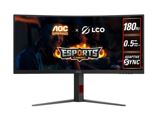 AOC 34' WQHD Curved Monitor â 3440Ã1440@180Hz, 0.5ms MPRT, 1500R VA, 120% sRGB, DP 1.4, HDMI 2.0, Delta E<2, tilt/swivel/height adjustable