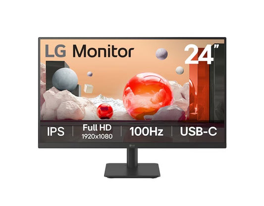 LG 24' IPS Full HD Monitor, 1920x1080, 3-side borderless design, 100â¯Hz, USBâC (65W PD), Reader Mode & Flicker Safe, tilt adjustable