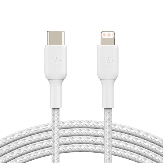 Belkin BoostCharge Braided Lightning to USB-C Cable (1m/3.3ft) - White (CAA004bt1MWH), 480Mbps, 10K+ bend, Apple iPhone/iPad/Macbook, 2 Years Warranty
