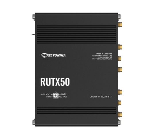 Teltonika RUTX50 Industrial 5G Router, 5G dual SIM cellular, 5x Gigabit Ethernet ports, dual-band WI-Fi, PSU included