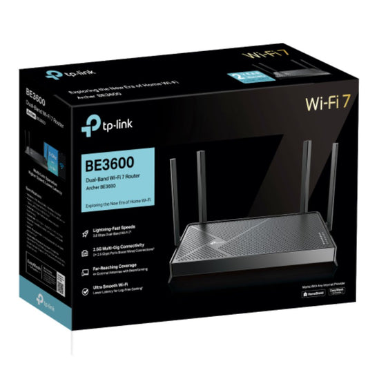 TP-Link Archer BE3600 BE3600 Dual-Band Wi-Fi 7 Router (WIFI7) 1148 Mbps at 2.4 GHz + 4804 Mbps at 5 GHz, 8Ã Antennas, 2.0 GHz Quad- Core CPU, 1*2.5Gbp
