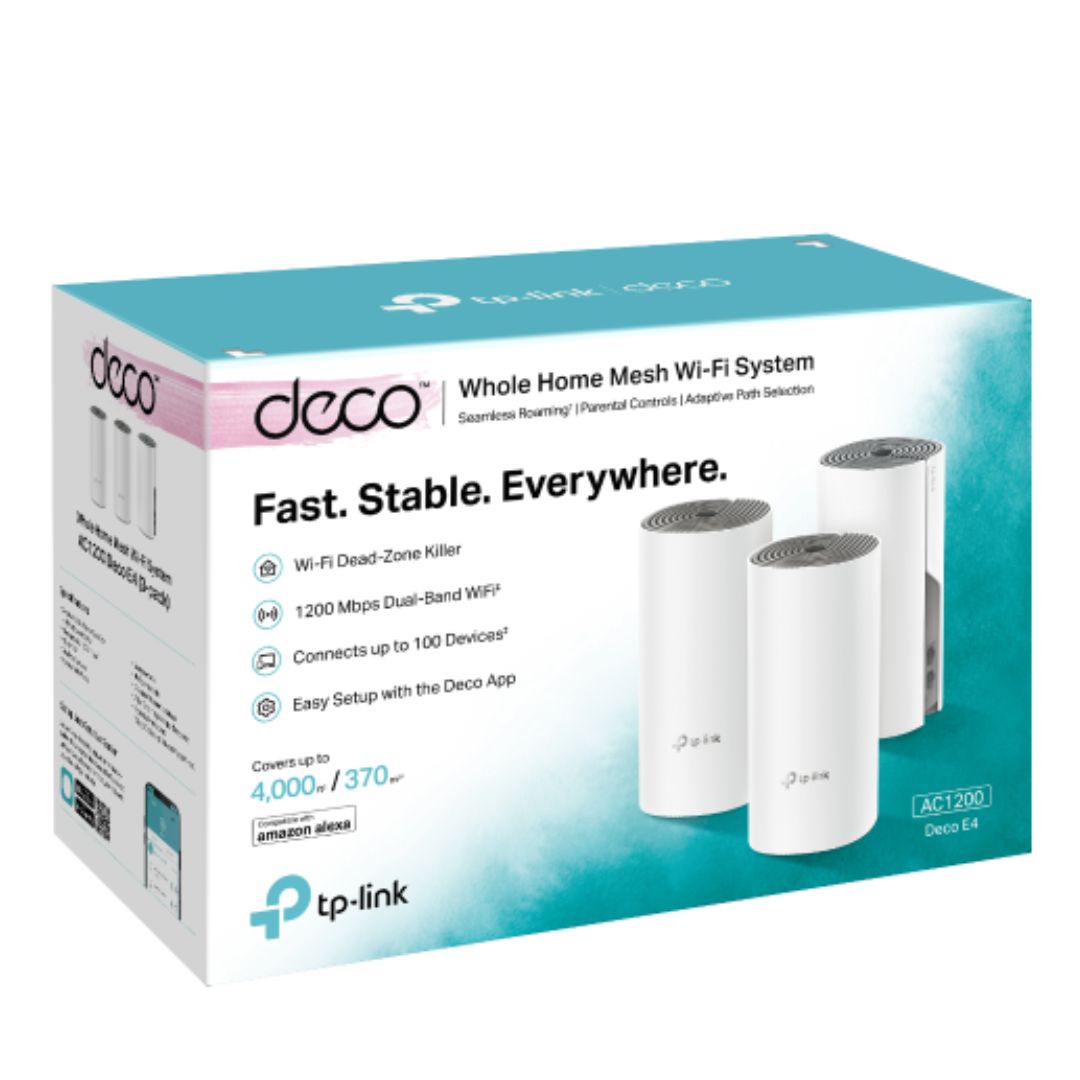 TP-Link Deco E4(3-pack) AC1200 Whole Home Mesh Wi-Fi (3-Pack), Dual-Band, Up to 1167 Mbps, Wireless, Seamless AI Roaming, Gaming & Streaming, Sma