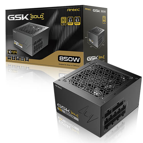 Antec GSK850 V2: ATX12V 3.1, 850W, Full-Modular, 80+ Gold, 120mm fan, 24-pin, 12V-2x6, 2ÃCPU, 4ÃPCI-E, 8ÃSATA, 4ÃMolex, 140Ã150Ã86mm, 10Y warranty