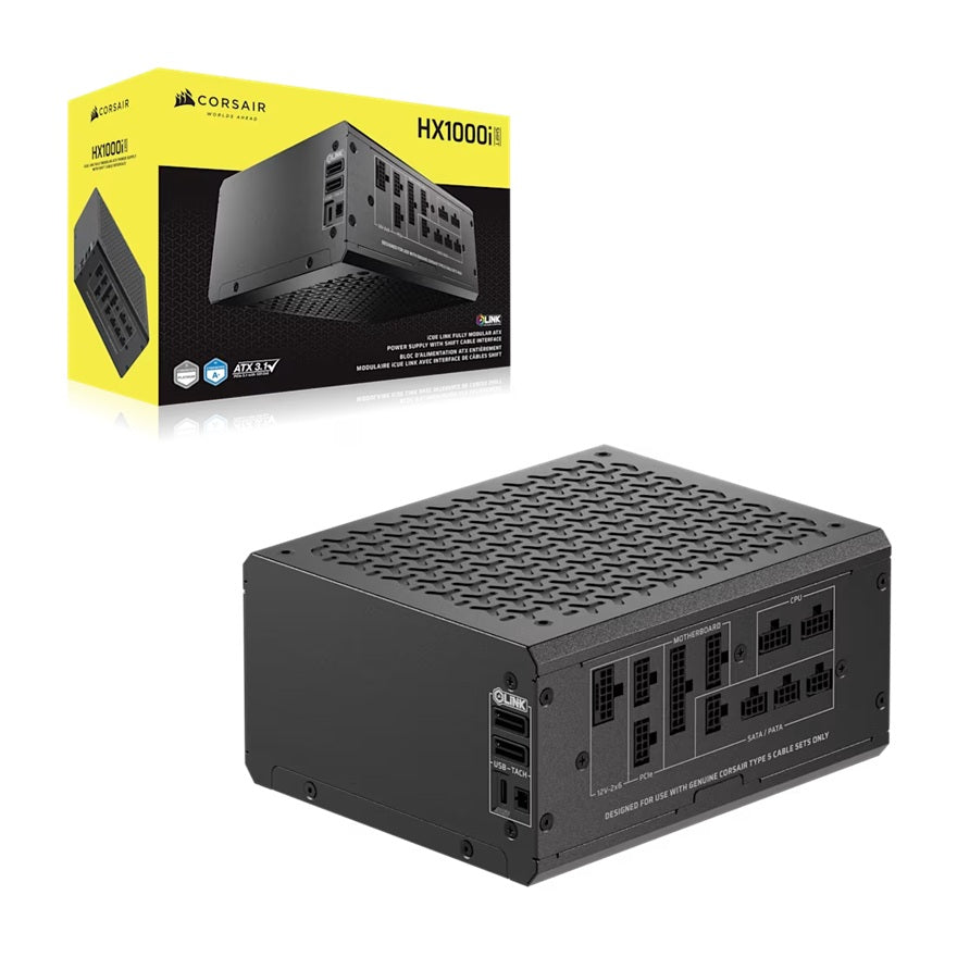Corsair HX1000i SHIFT Fully Modular Platinum ATX Power Supply, ATX 3.1, 8x PATA, 2x EPS, 8x SATA, 4x PCIe, DSP, fully modular, 140mm FDB fan, 10yr WTY