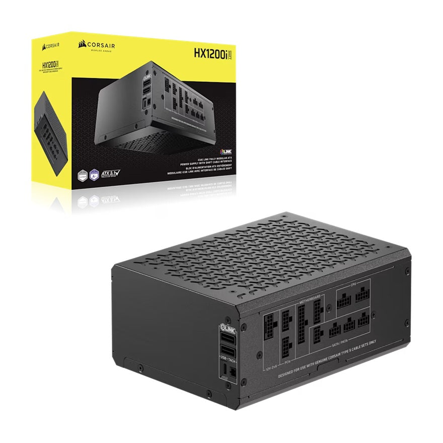 Corsair HX1200i SHIFT Fully Modular Platinum ATX Power Supply, ATX 3.1, 8x PATA, 2x EPS, 8x SATA, 4x PCIe, DSP, fully modular, 140mm FDB fan, 10yr WTY
