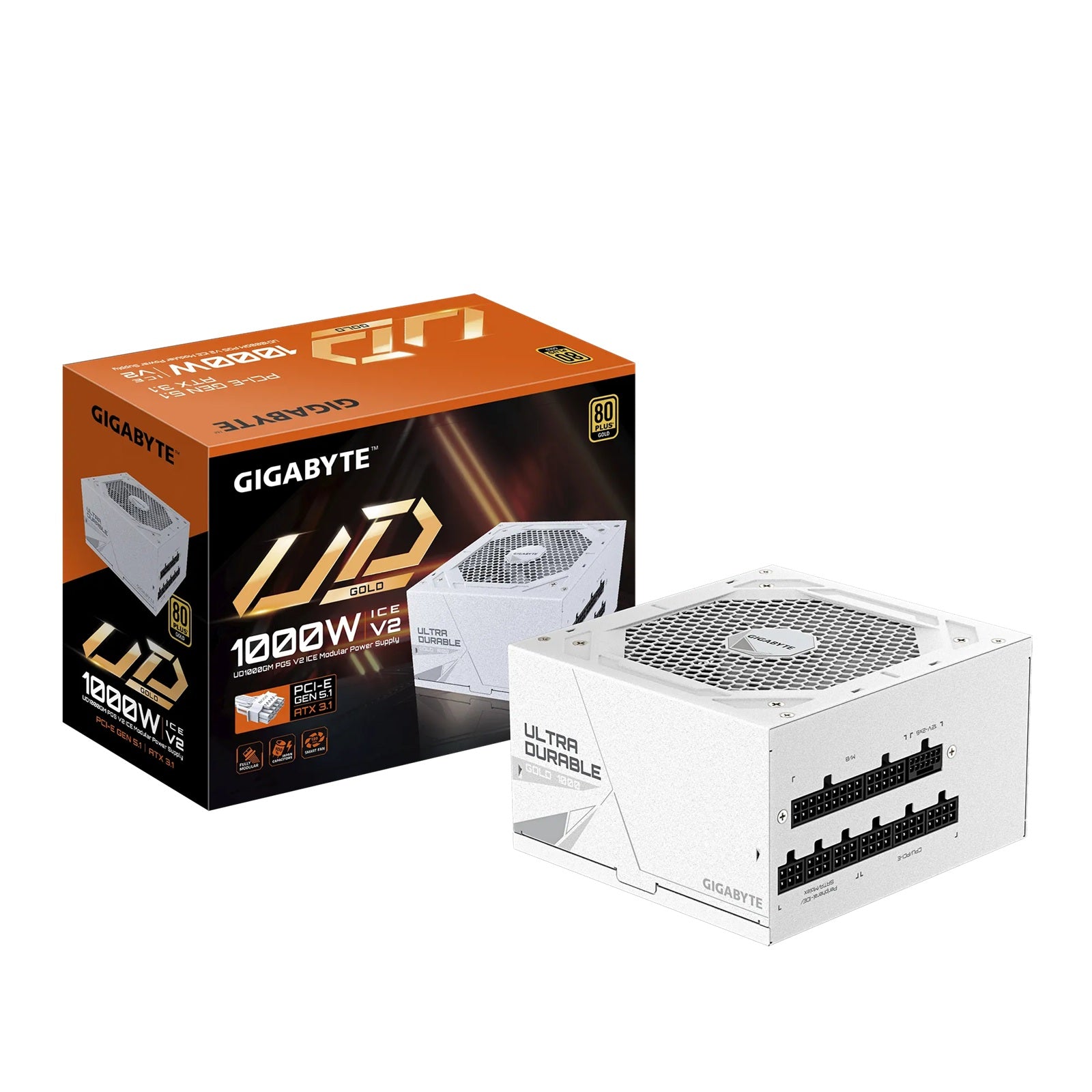 (LS) Gigabyte UD1000GM PG5 ICE 1000W ATX PSU Power Supply  80+ Gold >90% 120mm Fan Black Flat Cables Single +12V   >100K Hrs