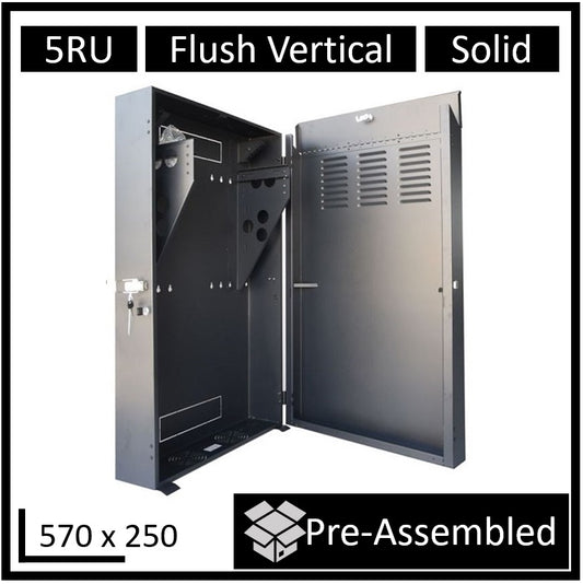 LDR Assembled 5U Flush Wall Mount Vertical Cabinet (570mm x 250mm) - 4U Rack For Gear & 2U Mount For Patch Panels - Black Metal Construction