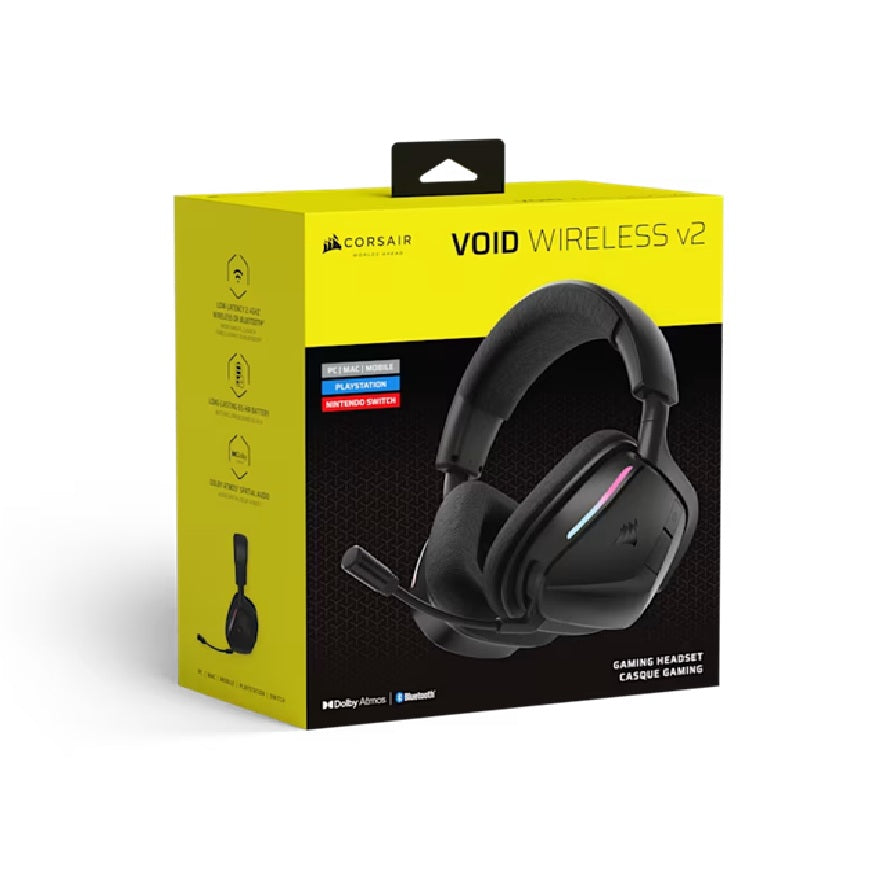 Corsair VOID WIRELESS v2 Gaming Headset â Carbon, wireless, 70â130h, 50mm, 20Hzâ20kH, 50ft, PC/Mac/PS/Mobile, omni mic, 0.303kg