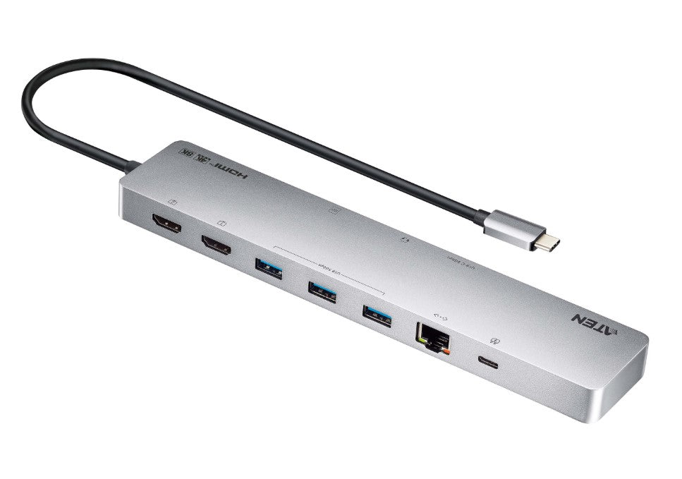 Aten 11-in-1 USB-C Multiport Dock with Power Pass-Through, 2x HDMI, 2x USB-C (1 for power delivery & 1 for data transmission), 3x USB Type-A, 1x SD, 1