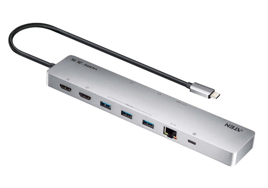 Aten 11-in-1 USB-C Multiport Dock with Power Pass-Through, 2x HDMI, 2x USB-C (1 for power delivery & 1 for data transmission), 3x USB Type-A, 1x SD, 1