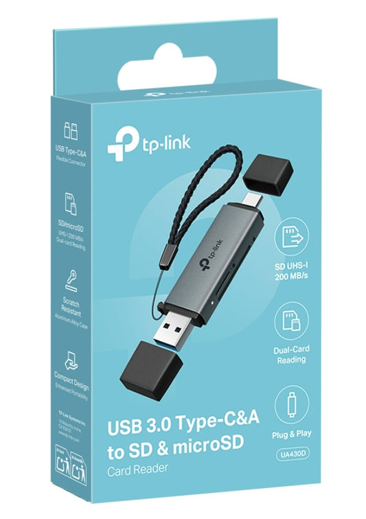 TP-Link UA430D USB 3.0 Type-C&A to SD & microSD 3.0 Card Reader, support SDï¼SDHCãSDXCï¼microSDãmicroSDHCãmicroSDXC cards up to 2TB.