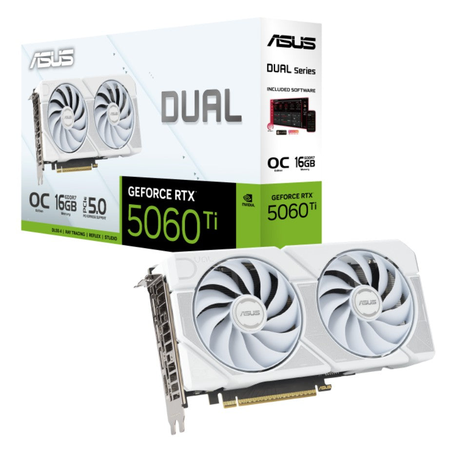 ASUS nVidia Dual GeForce RTXâ¢ 5060 Ti 16GB GDDR7 OC Edition - White, 759 TOPs, 4608 CUDA, 28Gbps, 128-bit, PCIe 5.0, 2.5-Slot