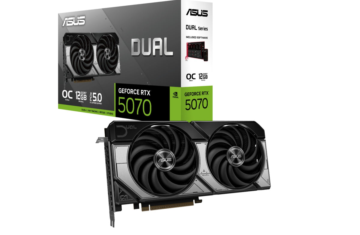 ASUS nVidia Dual GeForce RTXâ¢ 5070 12GB GDDR7 OC Edition, 988TOPs, 6144 CUDA, 28Gbps, 192-bit, PCIe 5.0, 2.53-Slot