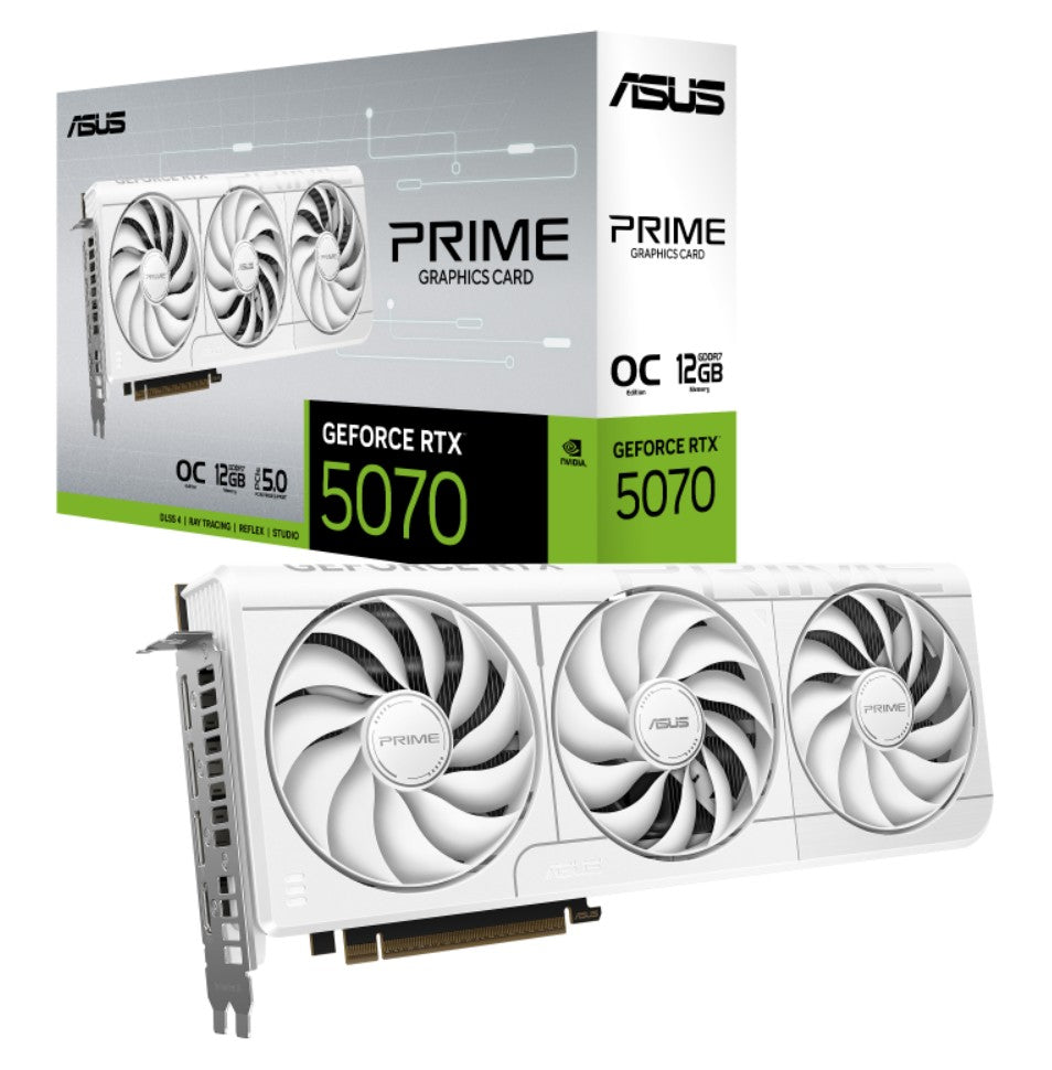 ASUS PRIME GeForce RTXâ¢ 5070 12GB - White OC Edition, NVIDIAÂ®, GDDR7, 6144 CUDA Cores, 28Gbps, 192-bit, PCIe 5.0, HDMI 2.1b, DP 2.1b