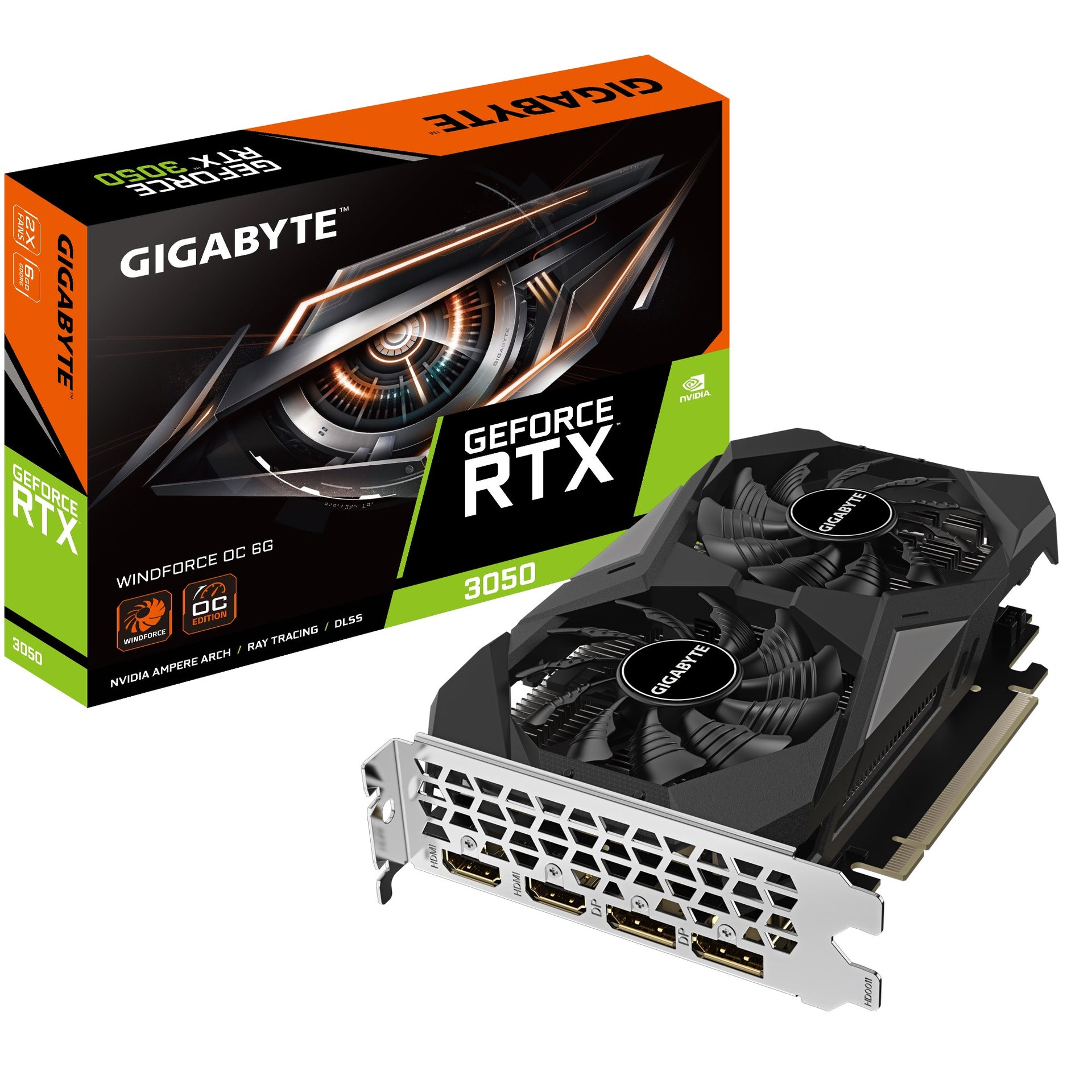 Gigabyte nVidia GeForce RTXâ¢ 3050 WINDFORCE OC V2 6G, 1477 MHz, CUDA 2304, 14000 MHz, GDDR6, 96 bit, PCI-E 4.0, PSU 300W, DP1.4a*2 HDMI 2.1*2