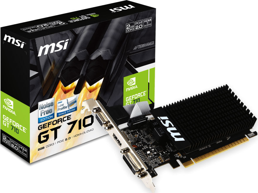 MSI nVidia Geforce GT 710 2GB LP, PCI Express, DDR3, 64bit, 954 Core Clocks, 2048 Memory Size, 1600 Merory Speed, 1xHDMI 1x DVI, 400Mhz Ramdac Speed