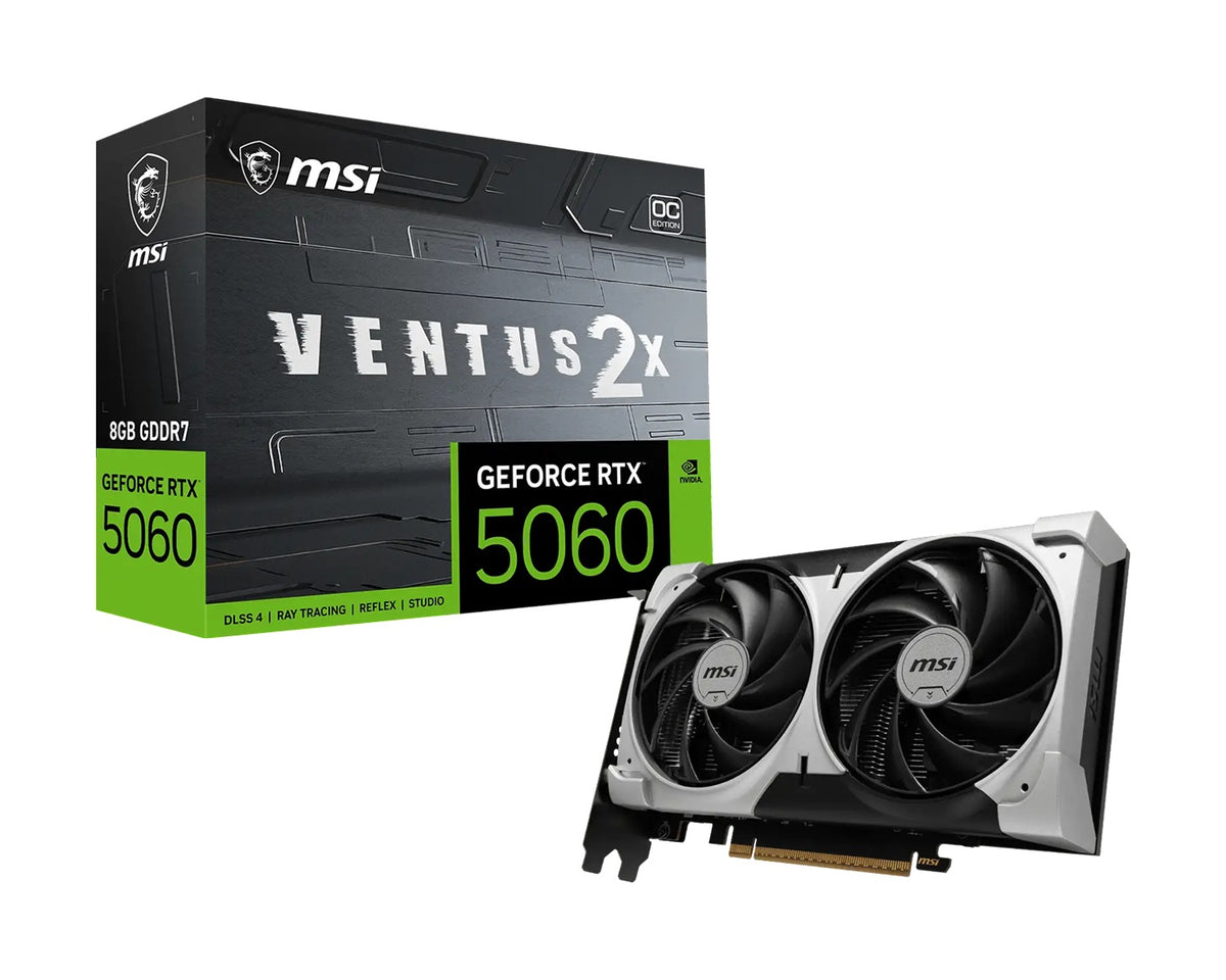 MSI nVidia GeForce RTXâ¢ 5060 8G VENTUS 2X OC V1, GDDR7, 128-bit, 2527 MHz Boost, PCIe 5.0 x16, 3840 CUDA Cores, 145W, DP x3, HDMI x1, 8K, G-SYNC Y